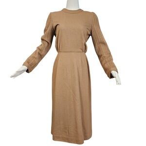 Vintage 1960's Knit Dress Brown Long Sleeve Fitted Waist Midi Length Retro
